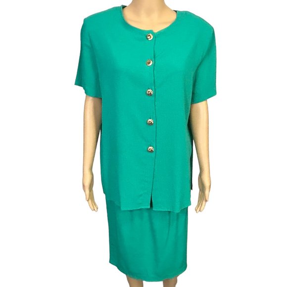 Promises Petite Womens 12P Green Short Sleeve Shoulder‎ Pads Blouse & Skirt Set - Picture 1 of 11